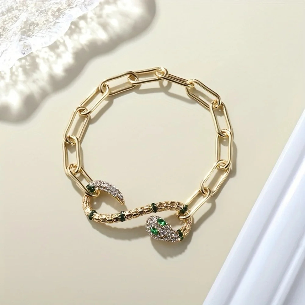 Gold Snake CZ Embellished Pave Bracelet Paperclip Elongated Oval Link Chain